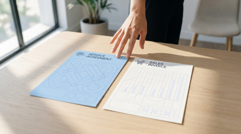 Une main posée sur un contrat de service et une facture de vente posés sur une table en bois.