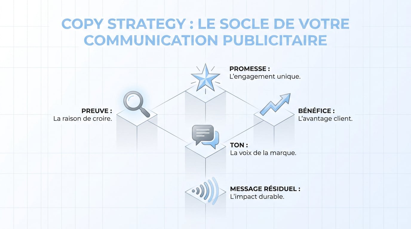 Schéma explicatif des piliers de la copy strategy pour une communication efficace