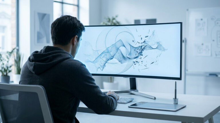 Un motion designer travaille sur un écran large avec un logiciel d'animation abstraite dans un bureau moderne.