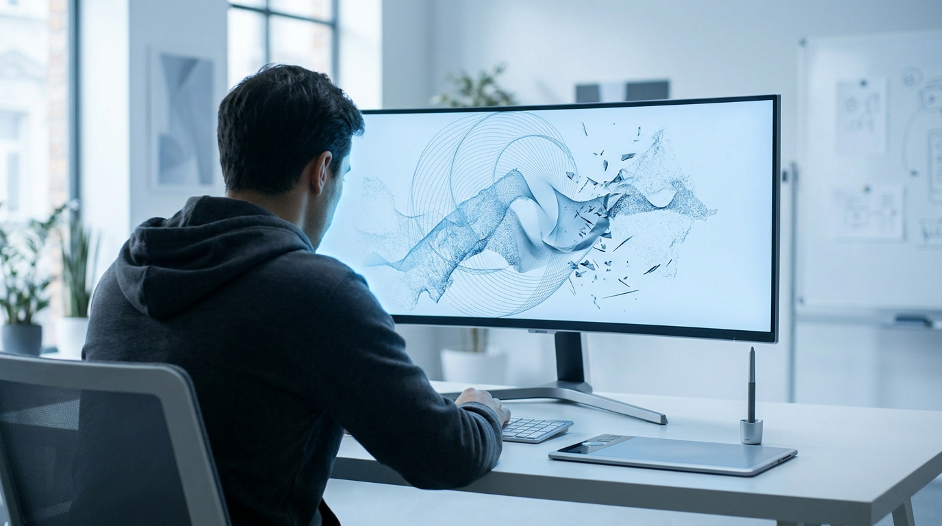 Un motion designer travaille sur un écran large avec un logiciel d'animation abstraite dans un bureau moderne.
