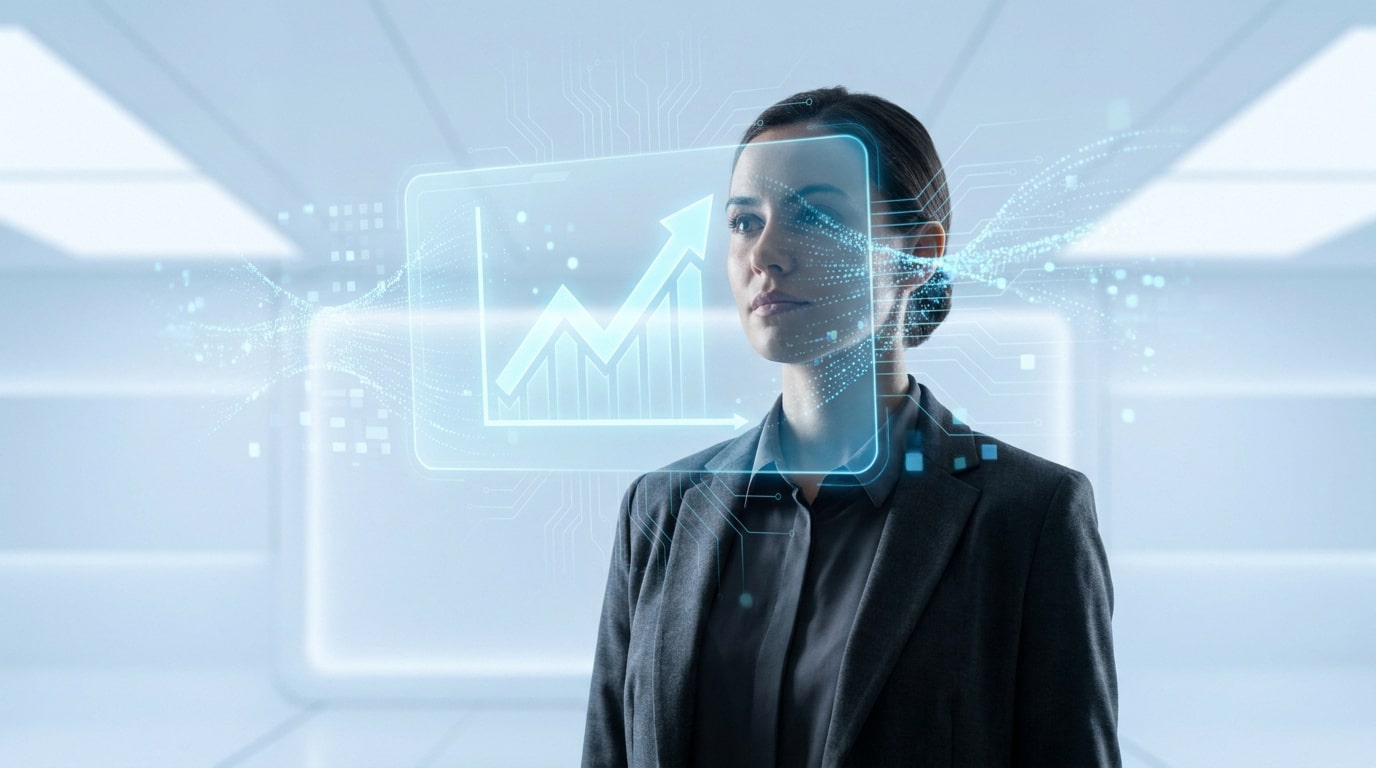 Une femme d'affaires regarde une interface holographique affichant un graphique de croissance numérique.