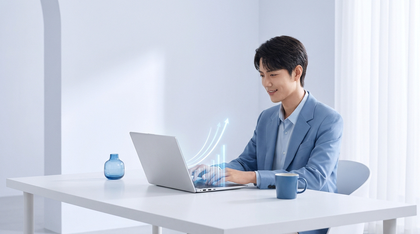 Jeune homme en costume bleu travaillant sur un ordinateur portable avec des graphiques de croissance numériques.