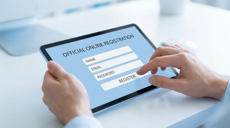 Mains tenant une tablette affichant un formulaire d'inscription en ligne avec les champs Nom, Email et Mot de passe.