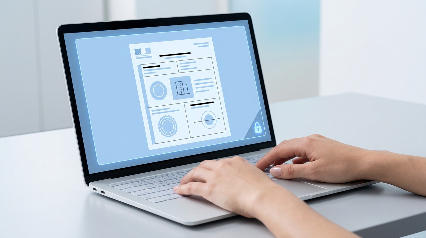 Une personne utilise un ordinateur portable pour consulter un document officiel de type Kbis.