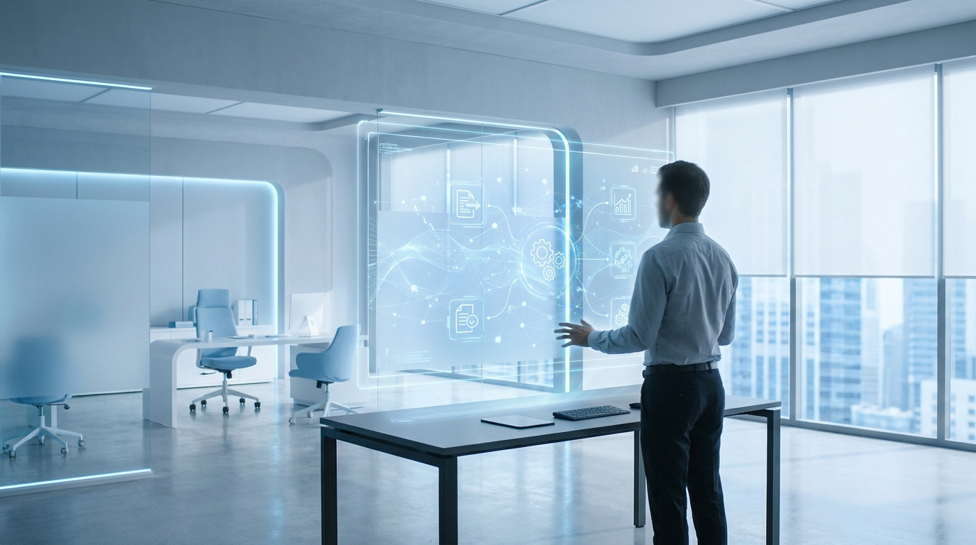 Un professionnel utilisant une interface holographique futuriste pour automatiser des flux de travail en entreprise.
