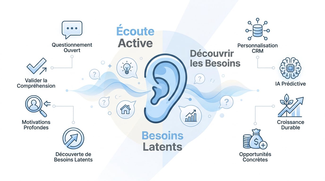 Infographie détaillant les étapes de l'écoute active pour identifier les besoins clients