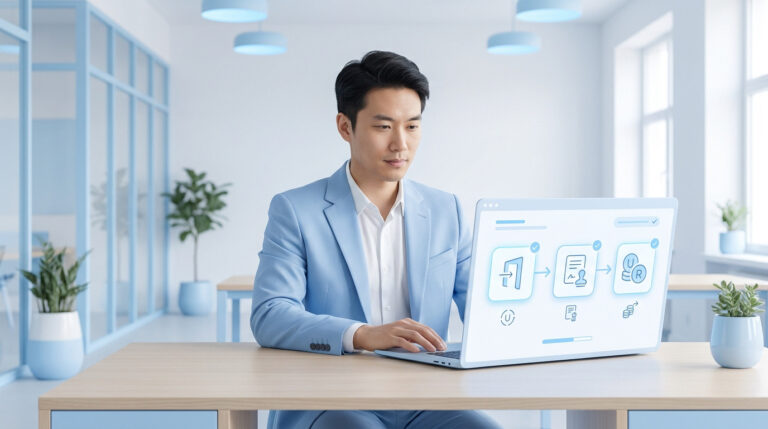 Homme en costume bleu clair utilisant un ordinateur portable affichant des étapes administratives et financières.