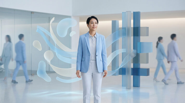 Une femme d'affaires en costume bleu clair entourée d'éléments graphiques fluides et de structures rigides.