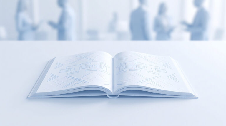 Livre ouvert sur une table avec des schémas géométriques, sur fond de bureau flouté.