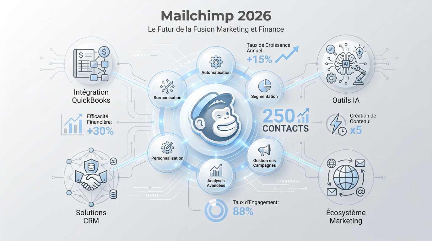 Interface Mailchimp 2026 connectée à QuickBooks pour la gestion marketing et financière