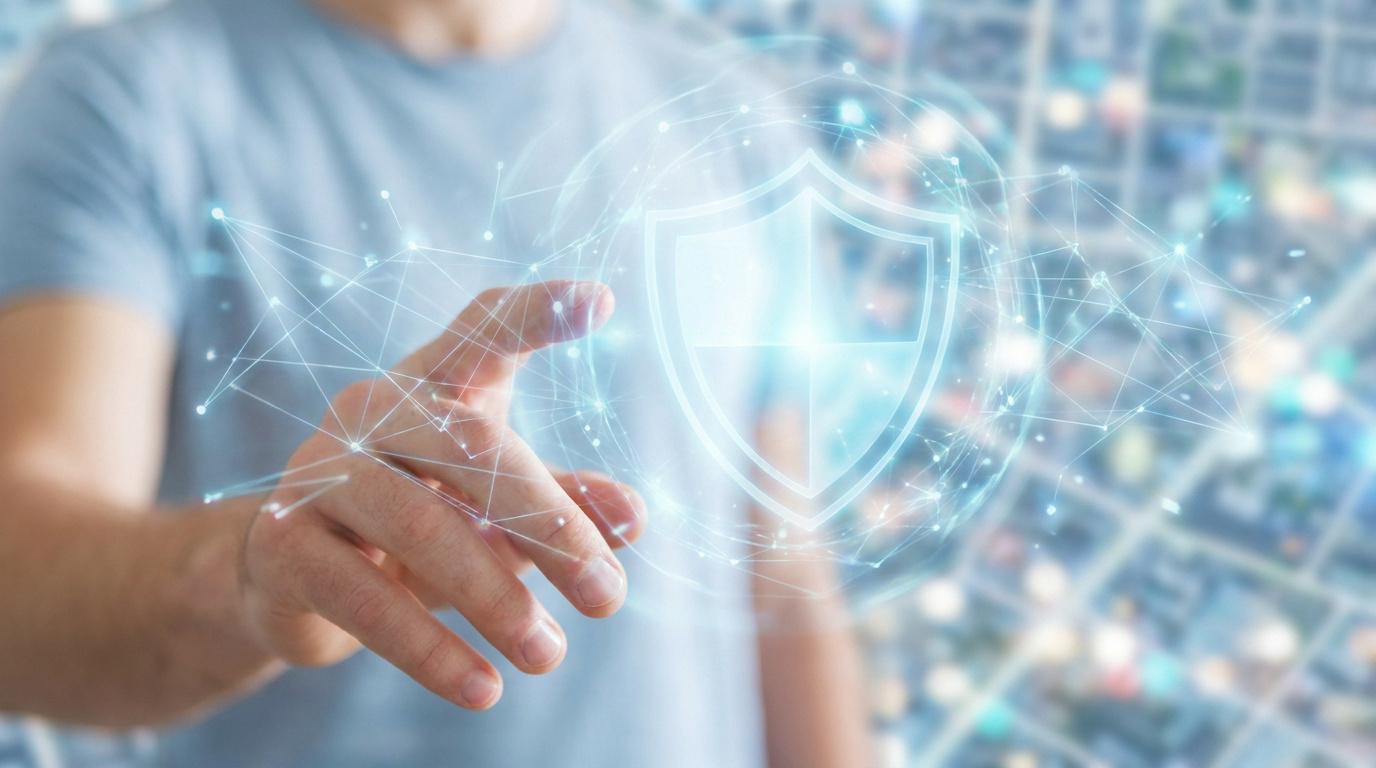 Main interagissant avec une icône de bouclier numérique flottante représentant la cybersécurité.
