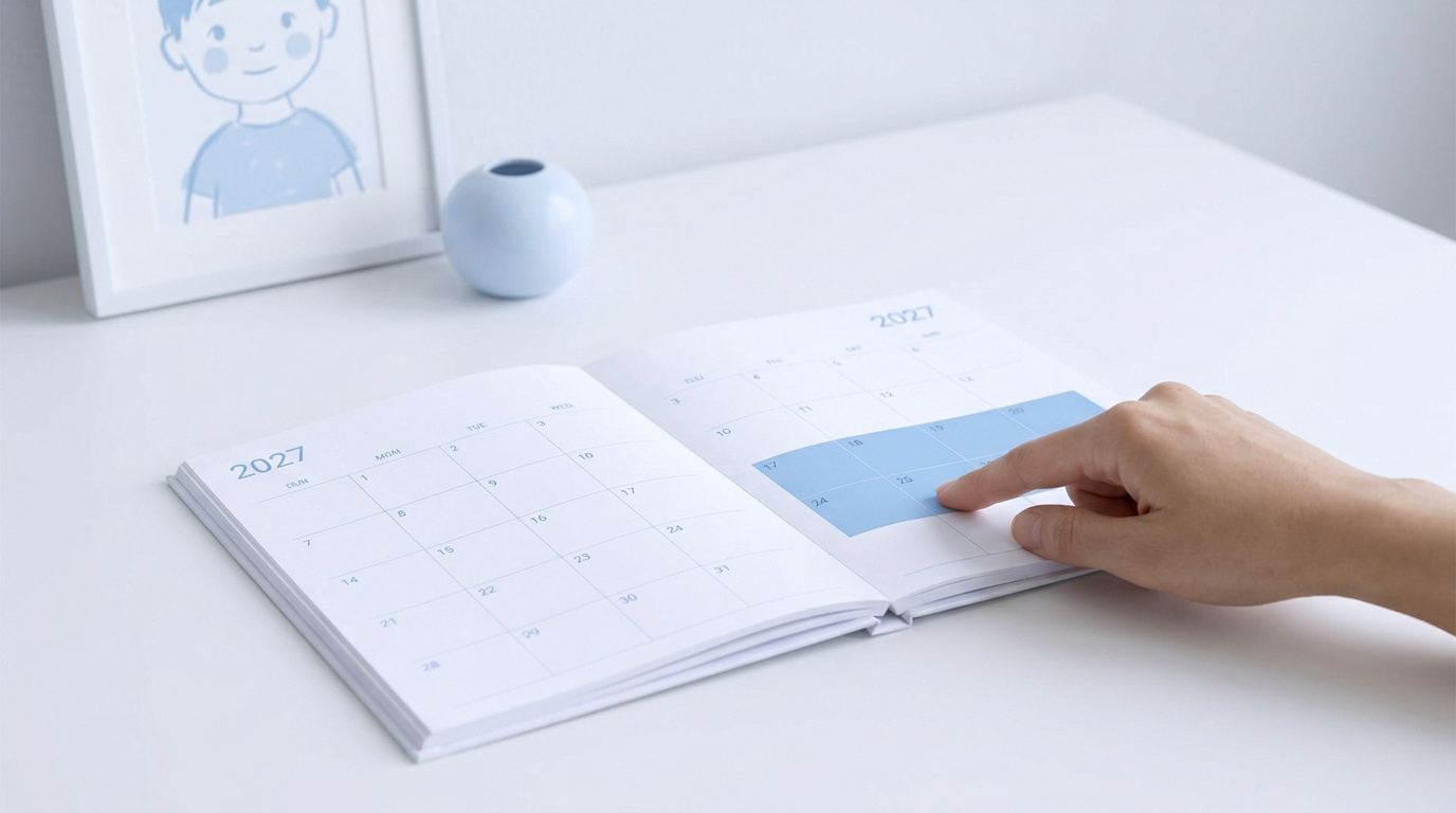 Une main pointe une date sur un calendrier ouvert pour l'année 2027 sur un bureau blanc épuré.