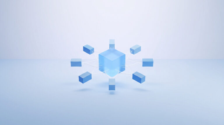 Un cube central relié à huit plus petits cubes par des lignes, illustrant une structure organisationnelle.