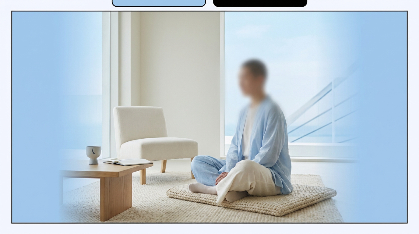 Une personne méditant dans une pièce lumineuse et minimaliste pour illustrer le bien-être et l'équilibre.