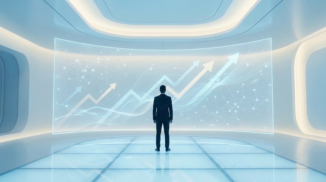 Un homme en costume observe un écran futuriste affichant des courbes de croissance ascendante dans une salle lumineuse.