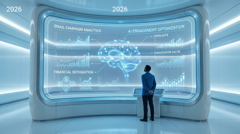 Un homme d'affaires observe un écran holographique affichant des données marketing et un cerveau numérique en 2026.