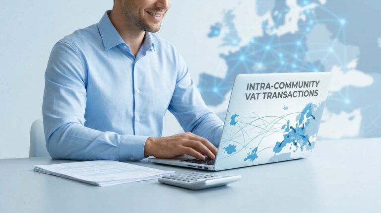 Homme en chemise travaillant sur un ordinateur portable avec le texte "Intra-community VAT transactions" à l'écran.