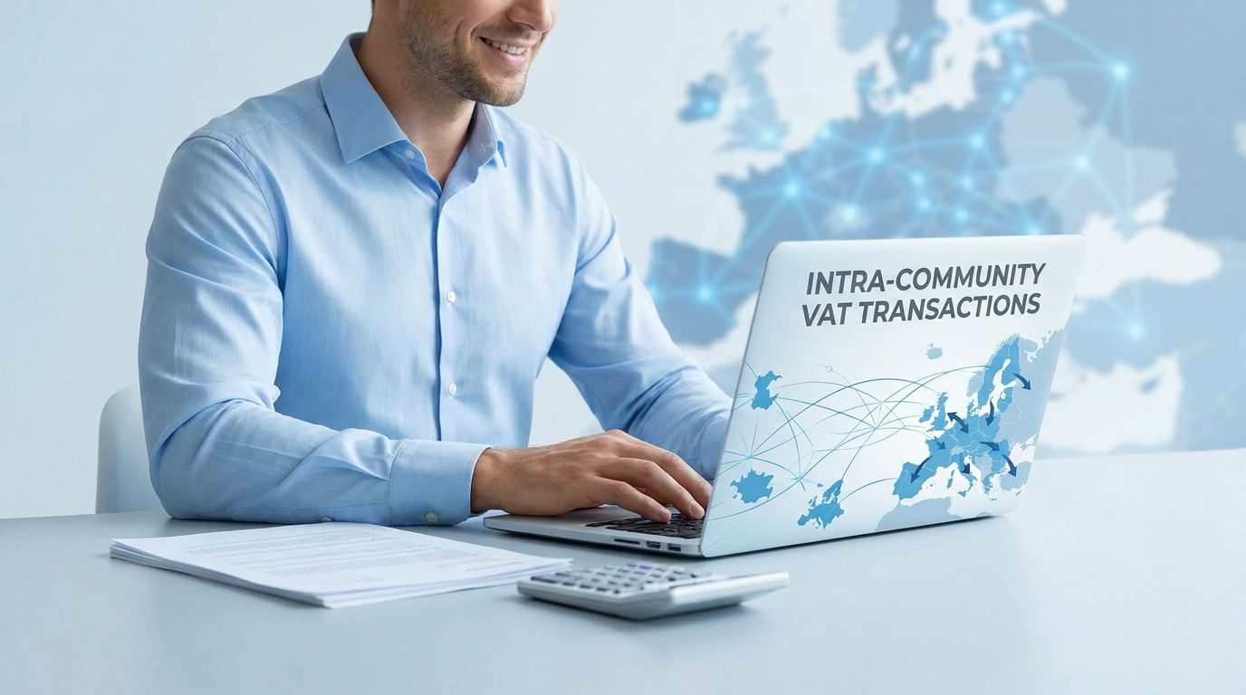 Homme en chemise travaillant sur un ordinateur portable avec le texte "Intra-community VAT transactions" à l'écran.