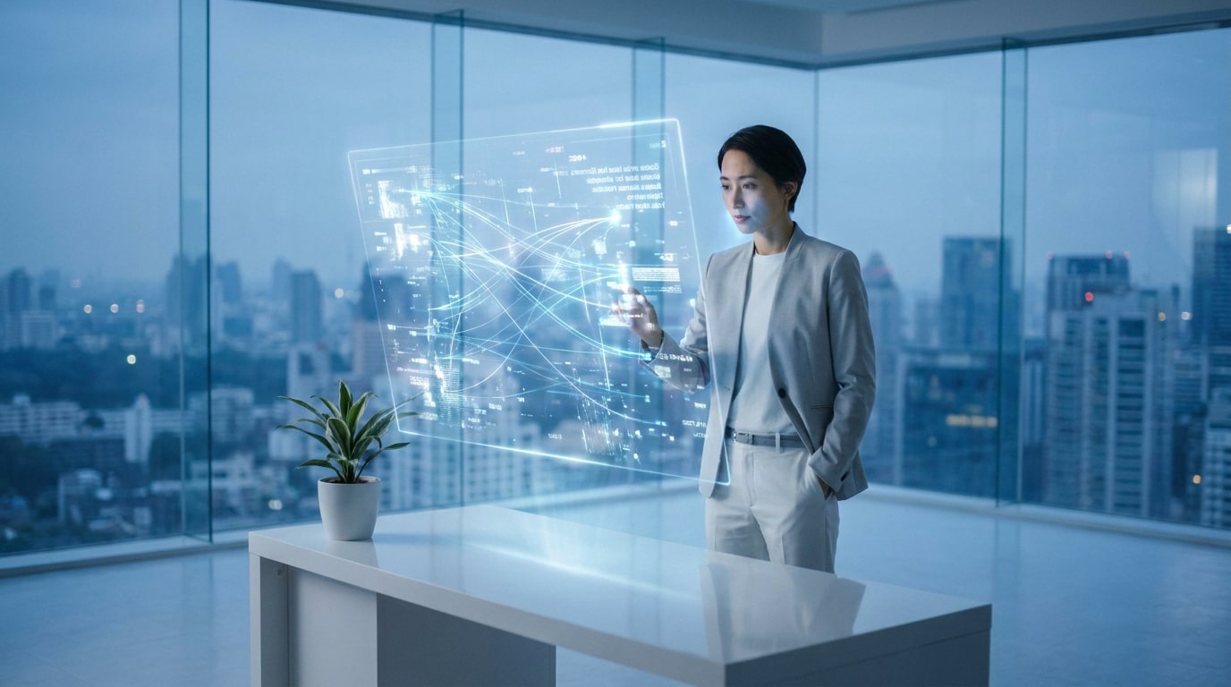 Une femme d'affaires dans un bureau moderne interagit avec un écran holographique affichant des données connectées.