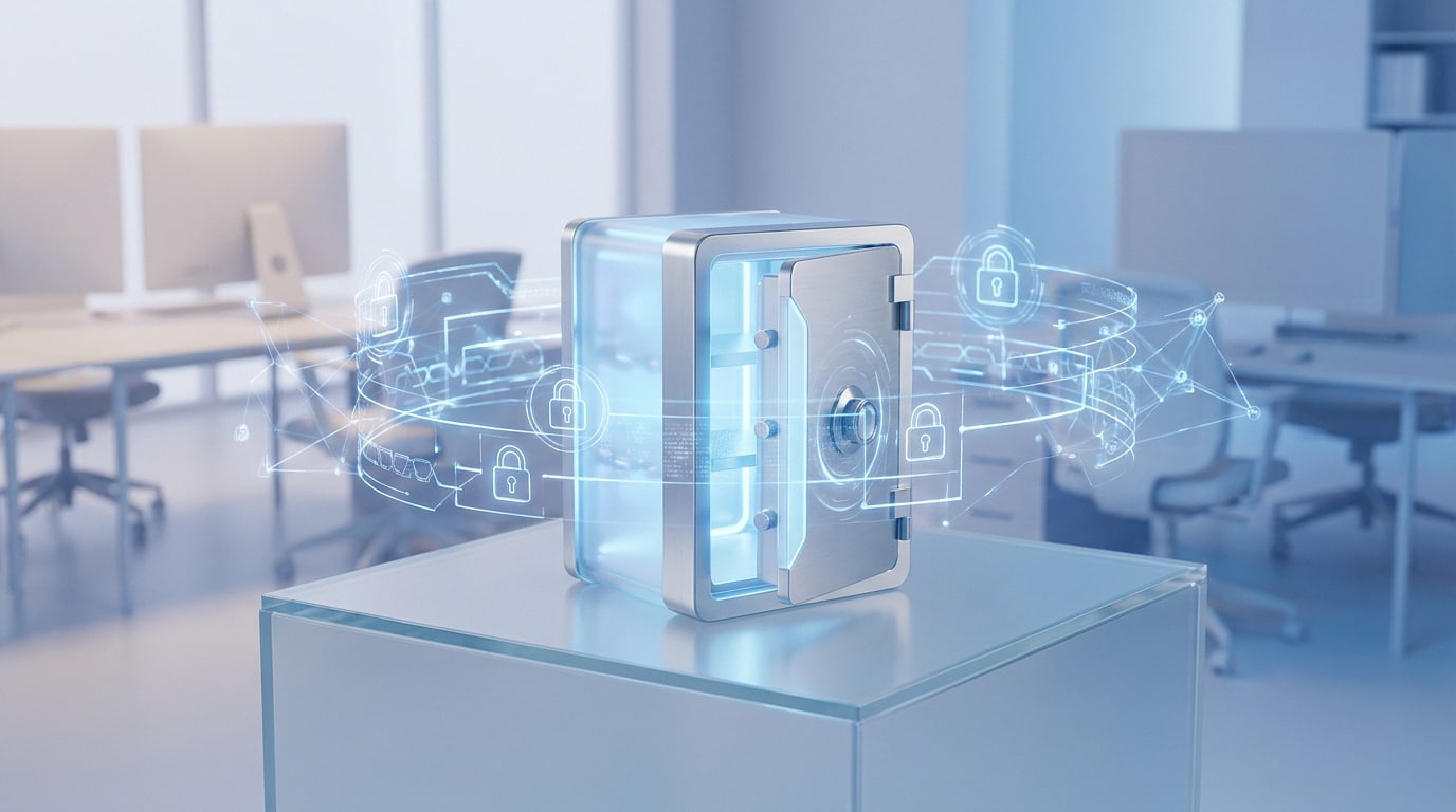 Un coffre-fort numérique holographique posé sur un socle dans un bureau moderne, symbolisant la protection des données.