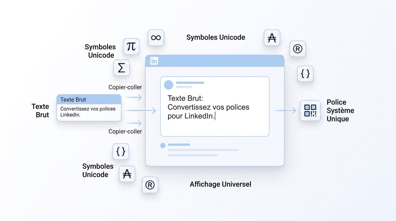 Illustration en flat design montrant la conversion de texte standard en caractères stylisés pour LinkedIn