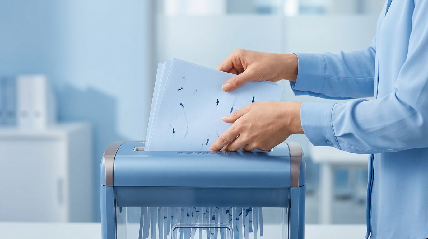Mains insérant des feuilles de papier dans un destructeur de documents bleu dans un bureau.