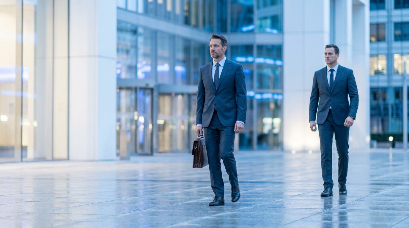 Un homme d'affaires avec une mallette et son garde du corps marchent devant un immeuble de bureaux moderne.