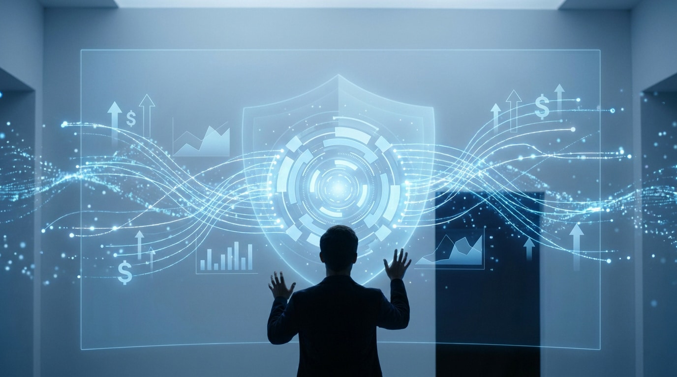 Un homme en costume devant une interface holographique affichant des données financières et un bouclier de sécurité.