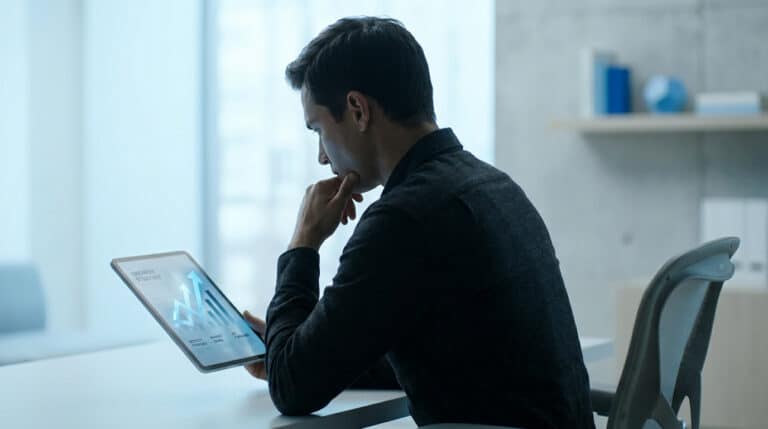 Un entrepreneur concentré regarde un graphique de croissance sur une tablette dans un bureau moderne.