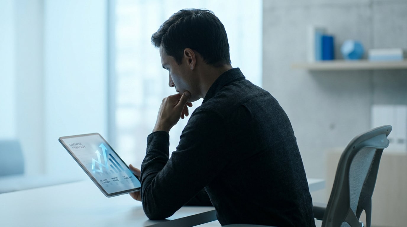 Un entrepreneur concentré regarde un graphique de croissance sur une tablette dans un bureau moderne.