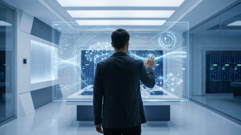 Un homme en costume interagissant avec une interface numérique holographique représentant un cerveau dans un centre de données.