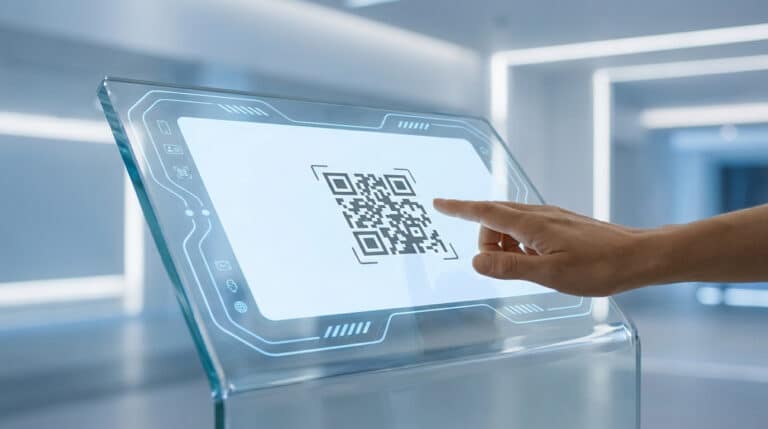 Une main touche un écran tactile en verre affichant un code QR dans un environnement futuriste et épuré.