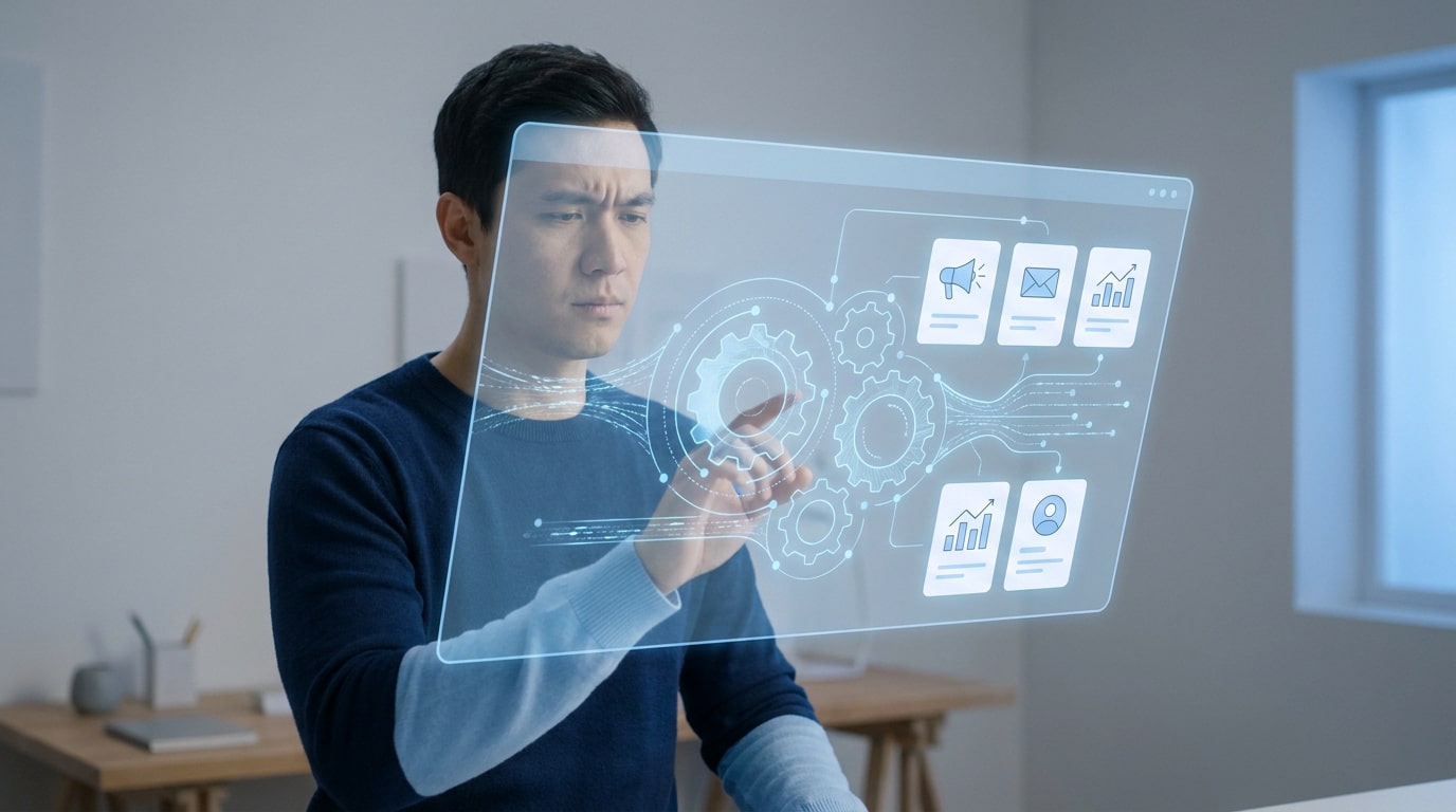 Un homme interagit avec une interface numérique holographique représentant des outils d'automatisation marketing.