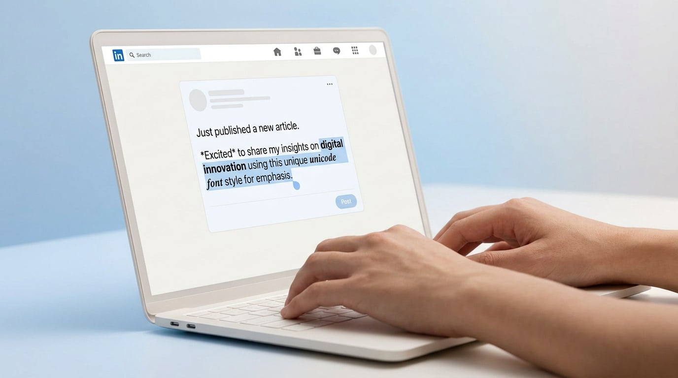 Mains d'une personne tapant sur un ordinateur portable affichant une interface LinkedIn avec du texte en style Unicode.