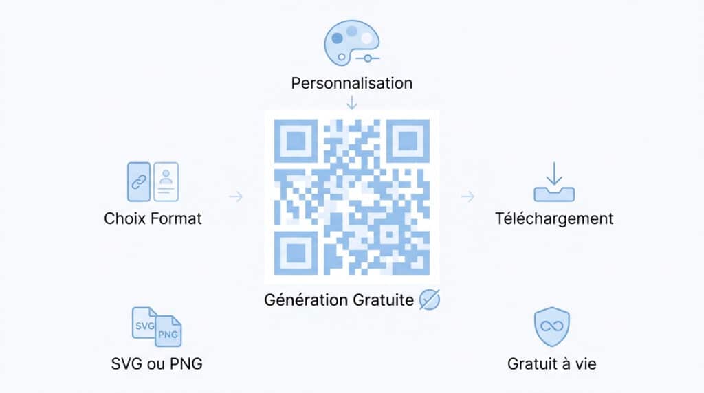 Schéma illustrant les fonctionnalités d'un générateur de QR code : personnalisation, formats, téléchargement et gratuité.