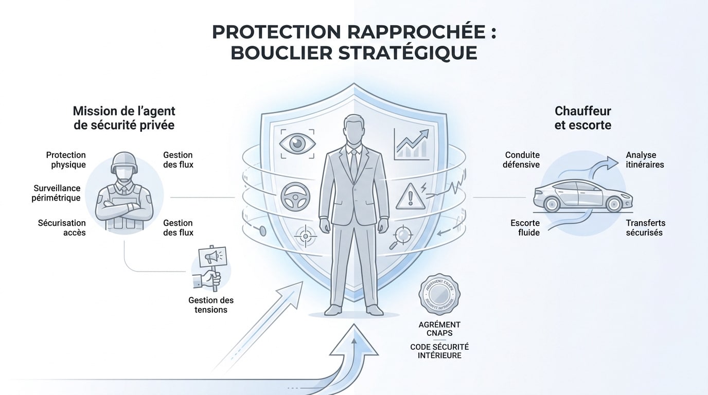 Agent de protection rapprochée assurant la sécurité d'un dirigeant en extérieur