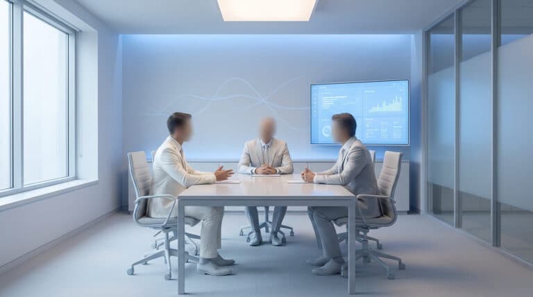 Trois hommes en costume en réunion autour d'une table dans un bureau moderne et minimaliste.