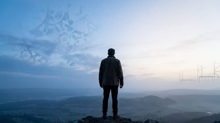 Homme de dos sur une colline, regardant des engrenages d'horloge géants dans les nuages au-dessus d'un paysage brumeux.