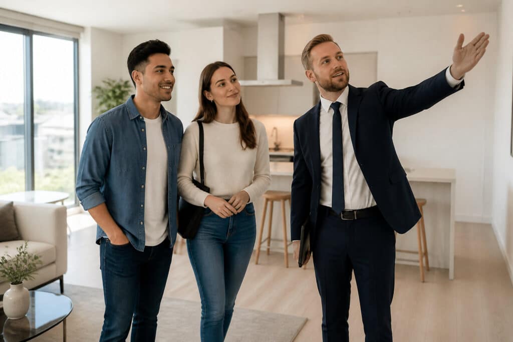 Un agent immobilier en costume fait visiter un appartement moderne à un jeune couple souriant.