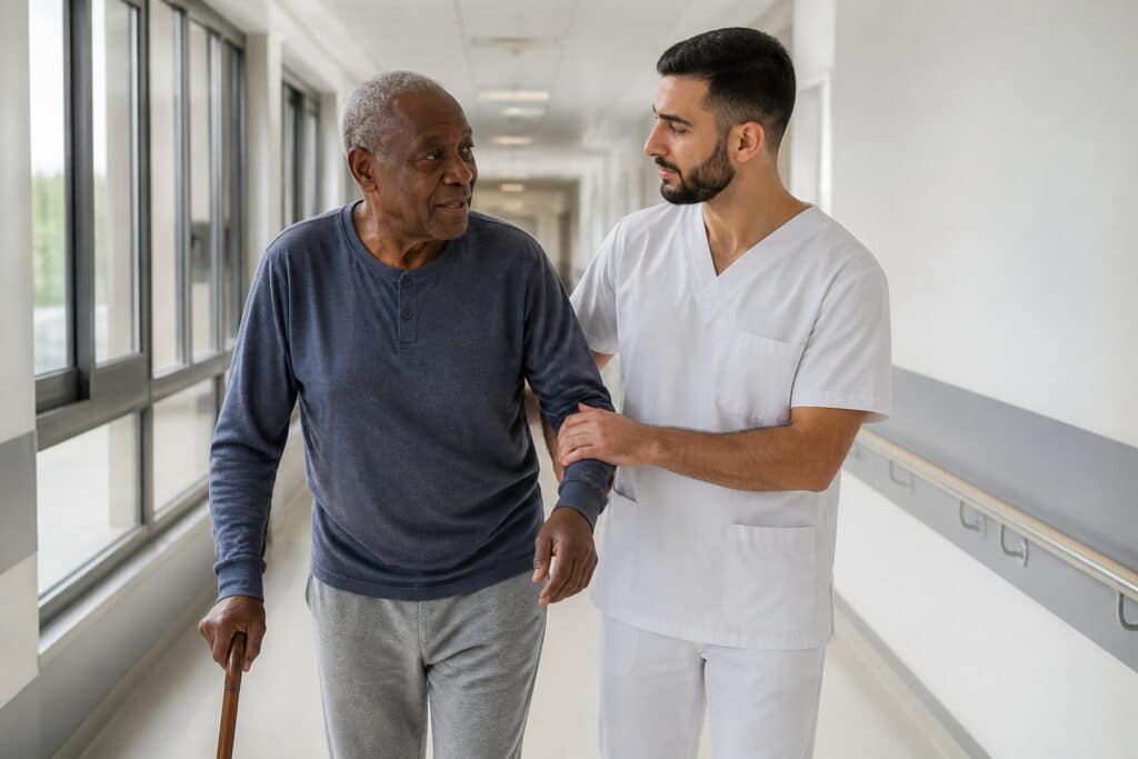 Un jeune infirmier accompagne un homme âgé marchant avec une canne dans le couloir d'un hôpital.