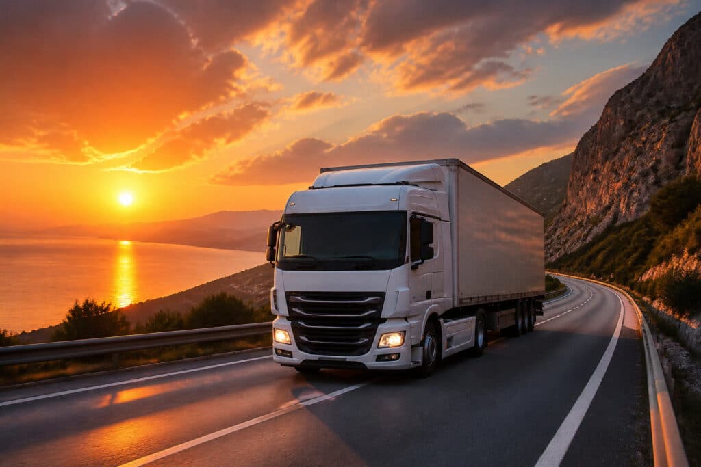 Un camion blanc circulant sur une route côtière au coucher du soleil.