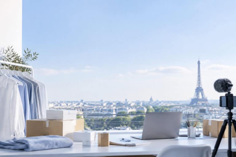 Bureau avec vêtements, ordinateur et trépied face à une vue panoramique sur la Tour Eiffel à Paris.