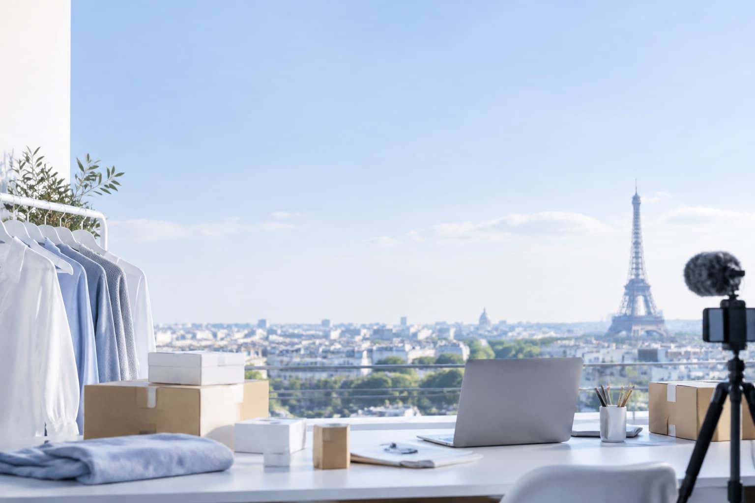 Bureau avec vêtements, ordinateur et trépied face à une vue panoramique sur la Tour Eiffel à Paris.