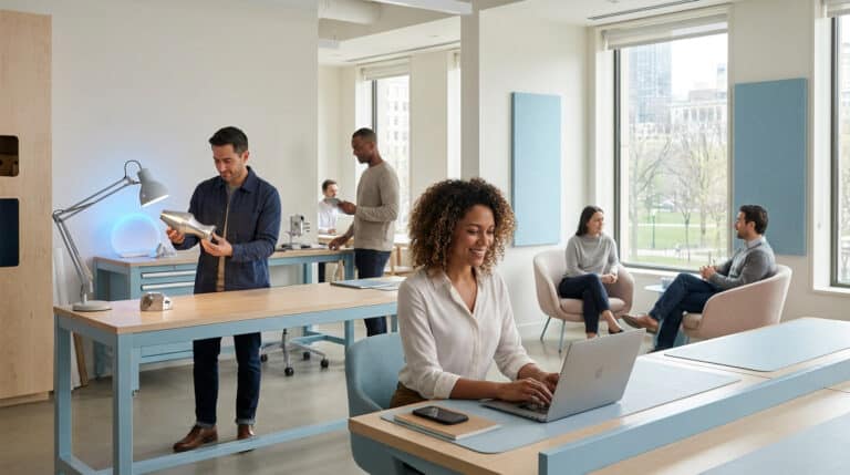 Une équipe diversifiée travaillant dans un bureau moderne et lumineux, certains utilisant des ordinateurs et des outils.