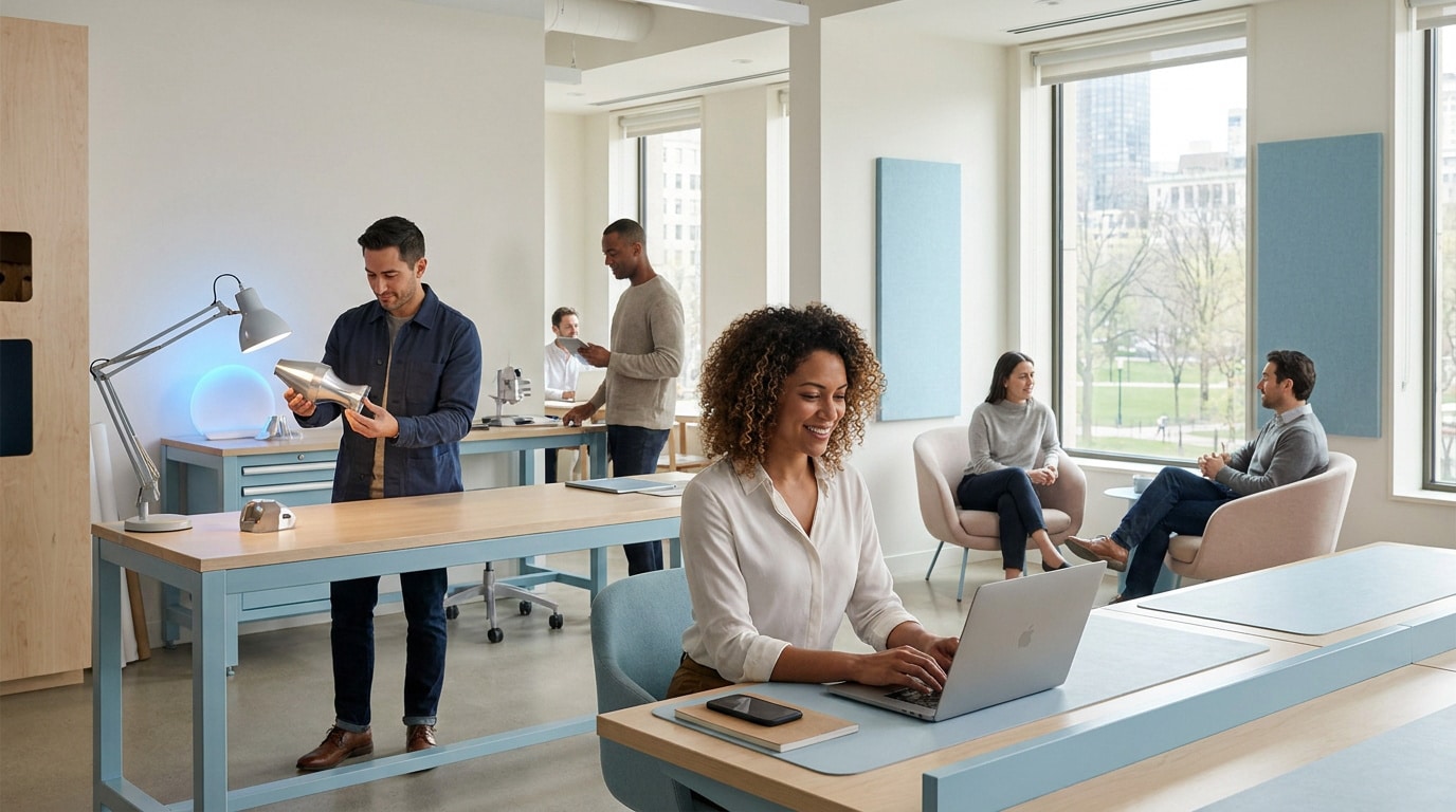 Une équipe diversifiée travaillant dans un bureau moderne et lumineux, certains utilisant des ordinateurs et des outils.